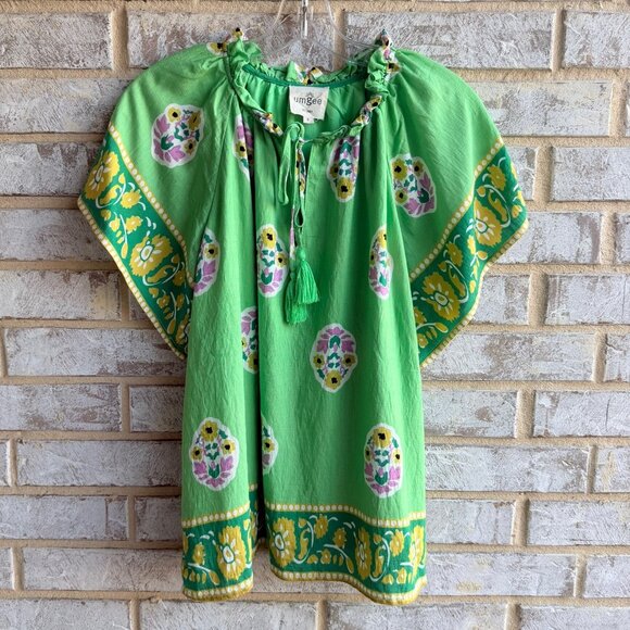 Umgee Tops - UMGEE Short Sleeve Ruffled Tie Neck Colorful Boho Blouse Women's Size S